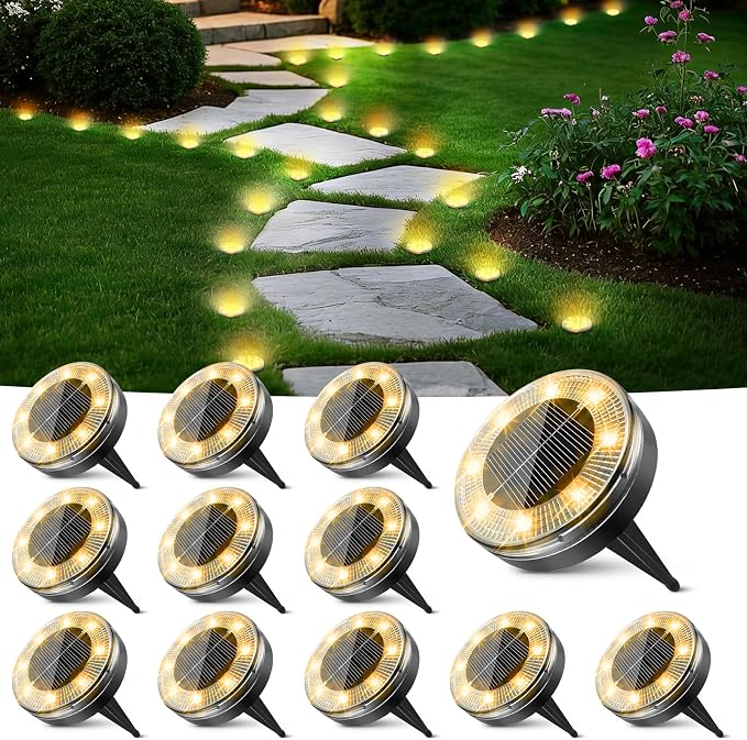 Mini Solar Ground Lights, 12 Pack Flat Solar Disc Lights Outdoor Waterproof, 2.3 Inch Small Solar Garden Lights Landscape Lighting for Outside Pathway Garden Yard Lawn Walkway,Warm White