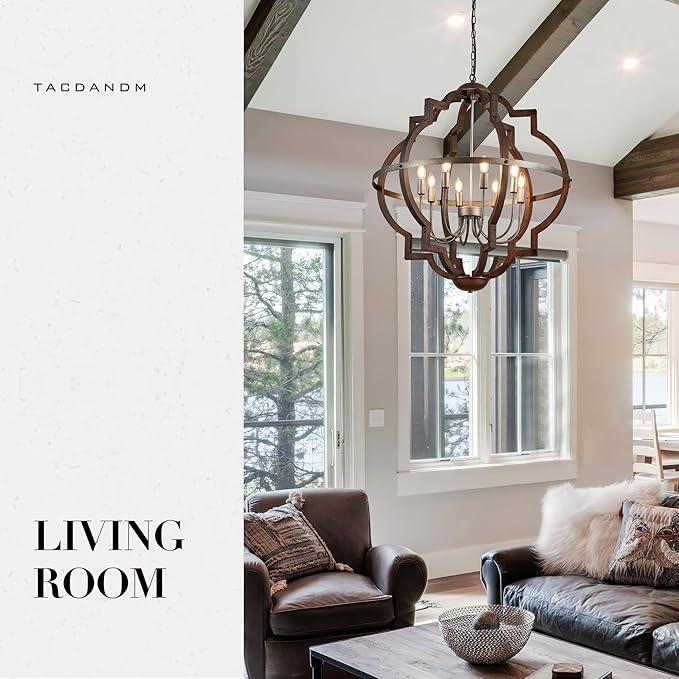 31.5'' 8-Light Farmhouse Chandelier for Dining Room Vintage Rustic Oak Brown Wood Pendant Light Fixtures Globe Hanging Ceiling Lighting for Hallway Entry