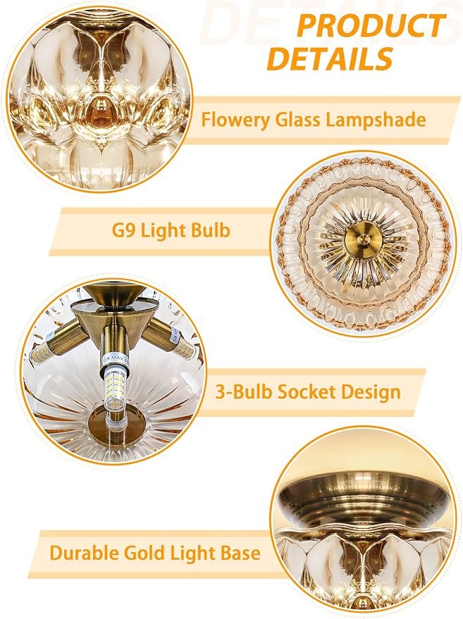 Semi Flush Mount Ceiling Light,Vintage Gold Hallway Lights Fixture | 11IN 3-Bulb Bright Even Light,Amber Glass Close to Ceiling Light for Bathroom, Hallway, Dining Room,Bulb Not Included