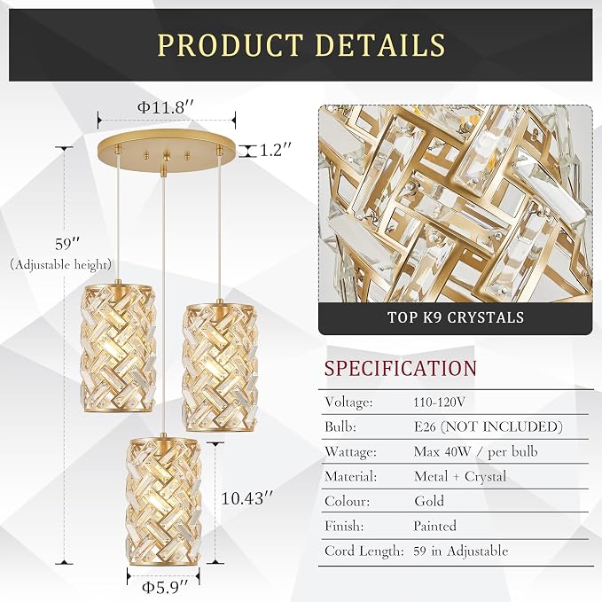Gold Crystal Cluster Pendant Light, 3-Light Kitchen Island Hanging Light | 3-light gold crystal cluster pendant with adjustable height, E26 sockets, dimmable for kitchen islands and dining rooms