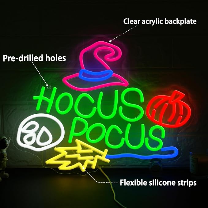 Hocus Pocus Halloween Neon Sign for Wall Decor Mysterious Witch Hat LED Neon Sign Skull Light Up Sign for Bedroom Halloween Decoration Bar Party Gift（16.54 * 12.6in）