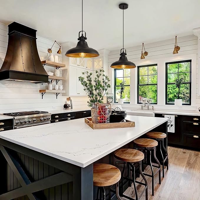Matte Black Farmhouse Pendant Lights Kitchen Island,2 Pack Rustic Black Hanging Lighting Fixture,Pendant Lighting for Kitchens Dinning Room Bedroom Hallway,2 Packs