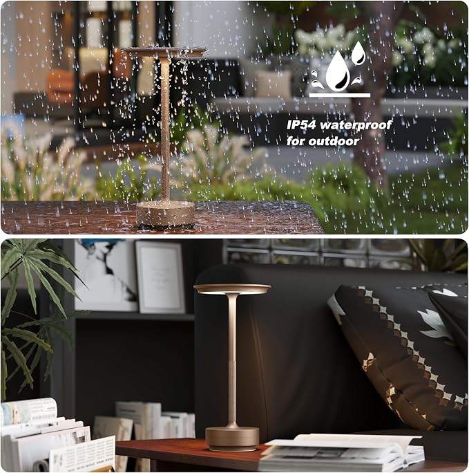 TBBGA 1 Pack Rechargeable Table Lamps Cordless, 5000mAh Outdoor Table Light | 3 Color Stepless Dimming Portable LED Table Lamp with Memory Function, for Home/Dinner/Patio/Restaurant.(Brown)
