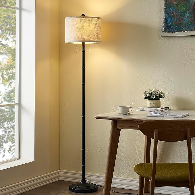 Upgraded 2-Light Mid Century Modern Black Floor Lamp for Living Room | 63.5'' Tall Floor Lamp with 3 Color Temp Bulbs, Living Room Lamp with Chain Switch, Standing Lamp for Bedroom, Office, Corner