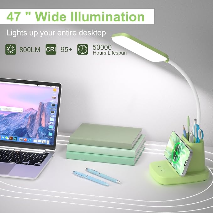 LED Desk Lamp with 10W Wireless Charging & Pen Holder, Light Green | CRI 95, 800LM, Stepless Dimming, 3 Modes, 360°Flexible Arm, Touch, Study Table Lamp for Home Office, Dorm Room, with Adapter