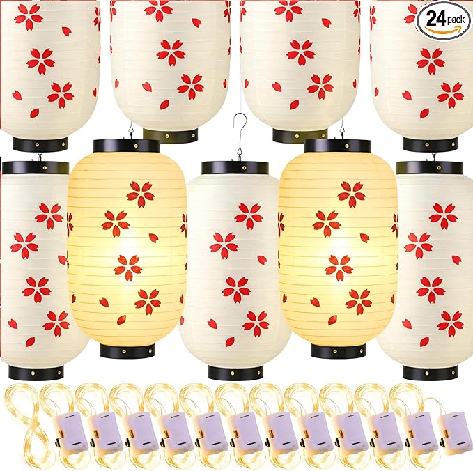 Baquler 24 Pcs Japanese Cherry Blossom Silk Lanterns 8 x 14 Inch Hanging Sakura Lantern Decorations for Wedding Party Restaurant Festival Decor Including 12 Lanterns and 12 Lights
