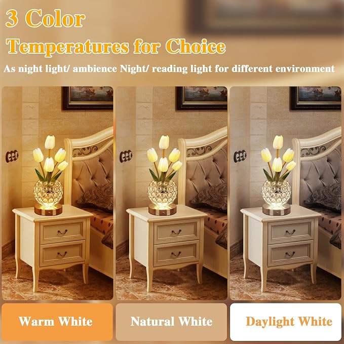 Birthday Gifts for Women Mothers Day Gifts/for Mom Tulip Table Lamp | 3 Color Crystal Flower Bedside Lamps Infinitely Dimming with USB Charge Small Night Light,Night stand Touch Lamp(White-tulip)