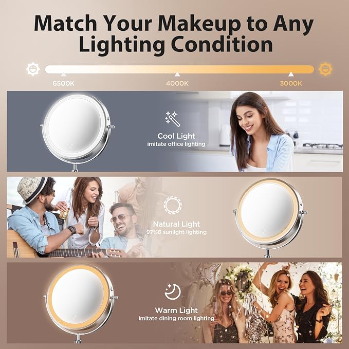 Double-Sided Makeup Mirror with Light, 1X/30X, 3 Colors, 3200mAh | 360° Rotating Mirror with Adjustable Brightness for Makeup, Skincare, and Vanity Use