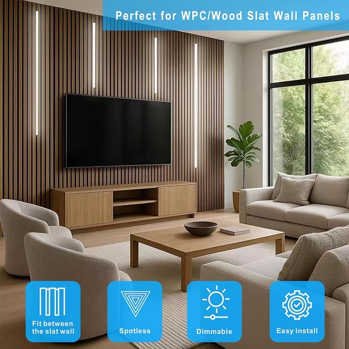 LED Wall Panel Lights Black,Dimmable Wood Slat Wall Panel Strip Light 4PCS | Wood Slat Wall Panel Strip Light, 3000K, Touchable Switch Dimmable, LED Recessed Lighting