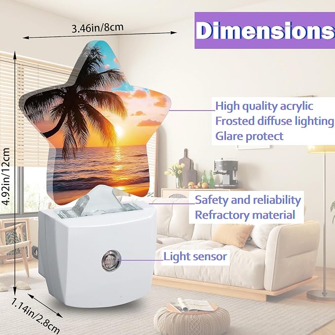Tropical Palm Tree Night Lights Plug Into Wall Decorative,Summer Beach Ocean Sleep Friendly Lamp, Energy Efficient Dusk-to-Dawn Sensor Nightlights for Kid Bedroom Nursery Bathroom
