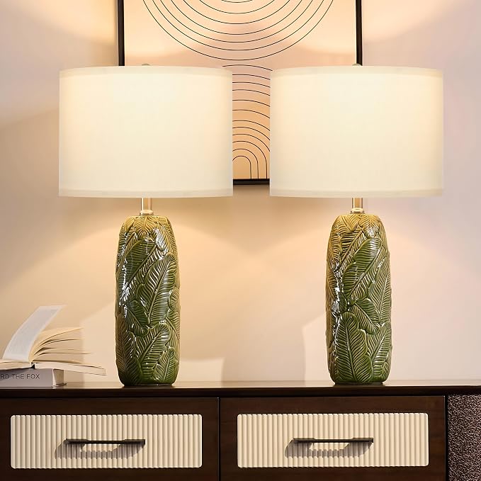 25" Green Ceramic Table Lamps for Living Room Set of 2 with Leaves Design | Retro Bedroom Nightstand Lamps, End Table Lamps, Farmhouse Home Decor Lamps, Green Lamps with White Shade, Premium Ceramic