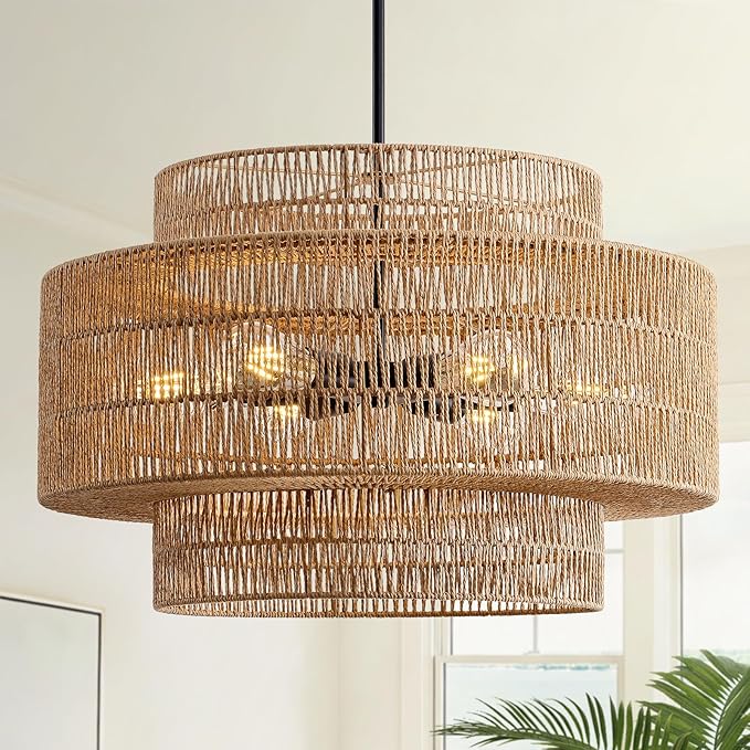 24" Boho Large Rattan Chandelier Light Fixture, 6-Light Large Black Pendant Light Fixture Farmhouse Rustic Chandeliers for Kitchen Bedroom, Dining Room, Living Room, Hallway, Foyer