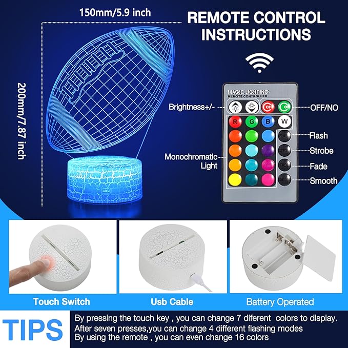 Football Night Light, Rugby Gifts for Boys Girls or Decor, Rugby 3D Illusion Lamp with 16 Colors Change Remote Control, Decorative Desk Lamp Christmas Creative Birthday Gift Ideal for Sport Fans