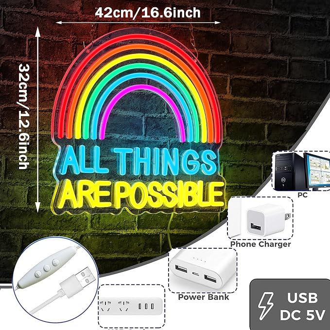 ALL THINGS ARE POSSIBLE Neon Lights, LED Neon Signs for Wall Decor, Rainbow Neon Light Sign Neon Room Decor,USB Night Lights for Bedrooms,Bookshops,Libraries, Classrooms,Florists, Parties, Holiday Gifts(16.5*12.6in)