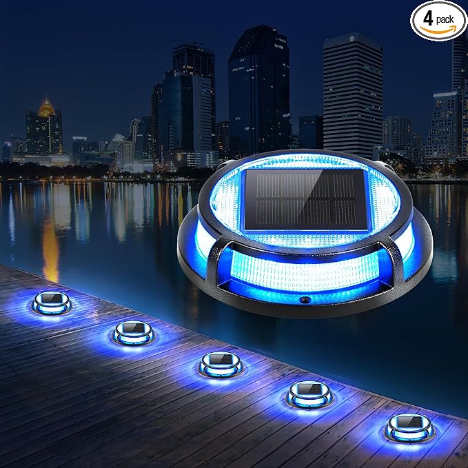 LUTEC 4 Pack Solar Deck Lights Driveway Dock 12 LEDs Light Solar Powered Outdoor Waterproof Road Markers for Step Sidewalk Stair Garden Ground Pathway Yard (Blue)