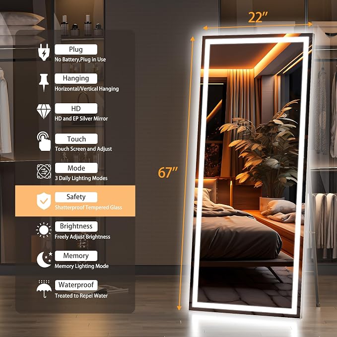 Hasipu Full Length Mirror with Lights, 67" x 22" LED Lighted Floor Standing, Full Body Dressing Hanging Mounted Mirror, Tempered Glass, Square Black