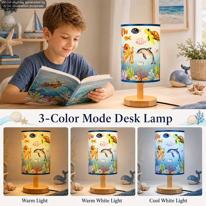 Under the Sea Table Lamp Ocean Animals Fish 3 Colors Dimmable Lights Underwater World LED Night Light Bedside Decor with Wooden Base Fabric Lampshade for Bedroom Living Room Home Decor Birthday Gift