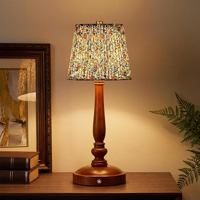 15.5'' Wireless Table Lamp, 5400mAh Rechargeable Small Bedside Touch Lamp | Wood Base, Fabric Lampshade, Built-in LED, 3 CCT, Stepless Dimming, Memory Function, Nightstand Lamp for Bedroom, Living Room