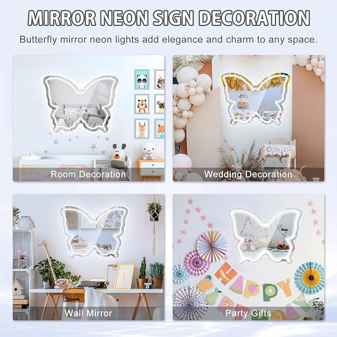 Butterfly Neon Sign Mirror, LED Neon Sign for Wall Decor, 15.7'' x 12'' Dimmable Neon Light for Teen Girls & Kids Birthday Gift, Neon Signs for Room Decor, Wall Mirror, USB Powered (Daylight White)