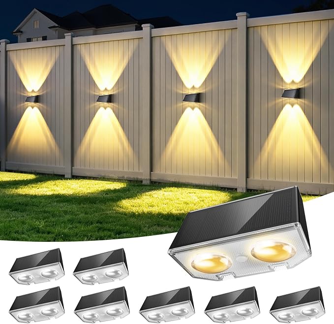 LANSOW Solar Fence Lights Outdoor 8 Pack, Fence Lights Solar Powered Waterproof, 10-Mode Warm/Cool/Neutral White & RGB, Up-Down Led Wall Lights Dusk to Dawn Decor for Yard, Deck, Patio, Pool, Railing