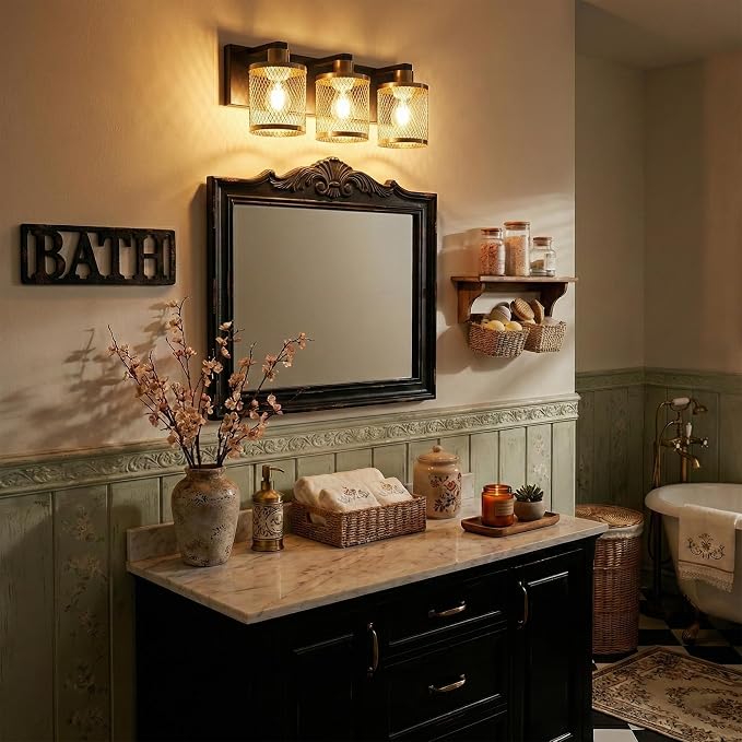 Bathroom Light Fixtures Black and Gold Vanity Lights 3 Lights Farmhouse Bathroom Vanity Light Vintage Design Wall Sconces Lighting for Mirror Attic Corridor Cellar Wall Lamps