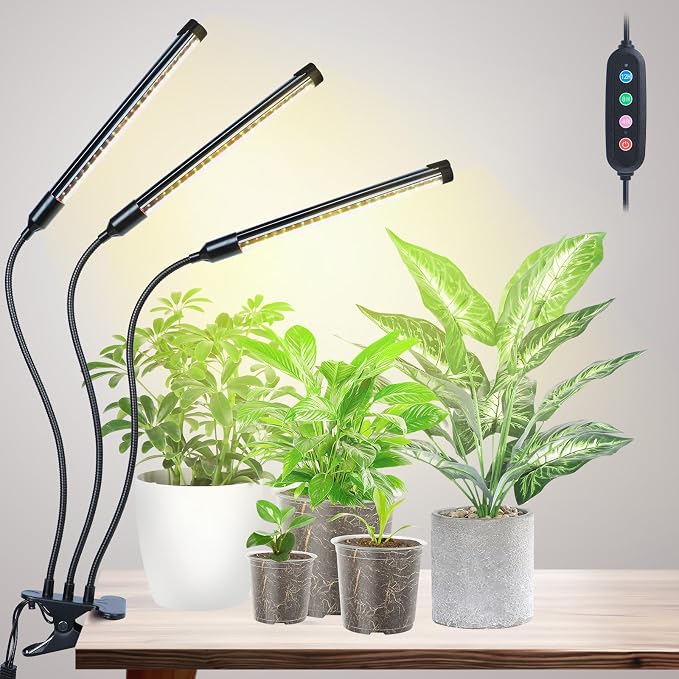 3Head Clip Grow Lights for Indoor Plant, Seed Starting, Bonsai, Full Spectrum Plant Grow Lamp, 4/8/12/16/20H Timer, 27 Watt Power Draw, NO Need Adapter, 360° Gooseneck