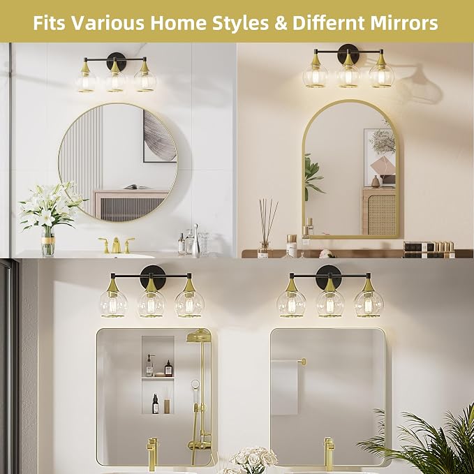 PAIHOME 3-Light Gold and Black Bathroom Vanity Light Fixtures Over Mirror | Painted, Anti-rust, UL-Certified, Elegant Globe Glass Shade, Modern Vintage, Easy to Install,Versatile Wall Decor Light