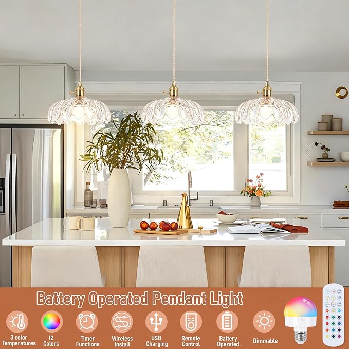 Battery Operated Pendant Light,Transparent Vintage Light Fixtures RGB Rechargeable Light Bulb 2500mAh 9.8in with Remote Control Wireless Adjustable Chandelier for Kitchen Island Hallway 1Light