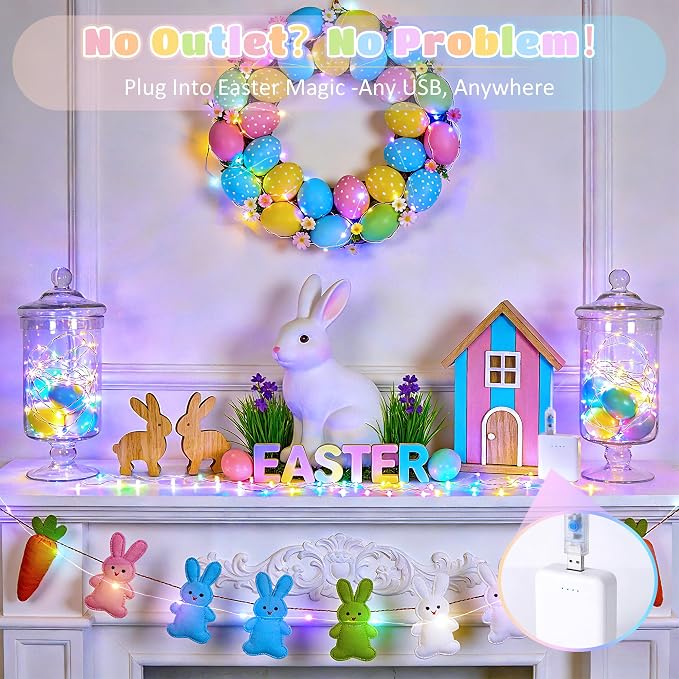 JMEXSUSS 100 LED Easter Fairy Lights Plug in USB Powerd | Pastel Fairy Lights, 8 Modes & Timer, Outdoor & Indoor, Twinkle Lights for Bedroom Girl's Room Fireplace Easter Decorations