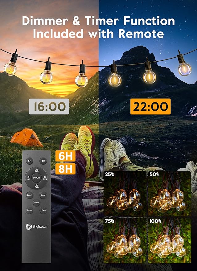 Brightown Led String Lights Outdoor 38Ft(28+10) with Remote Hooks and Clips, Patio String Lights for Outside with 17 Shatterproof Bulbs(2 Spare), Hanging Lights for Backyard Party Cafe, E12 Socket