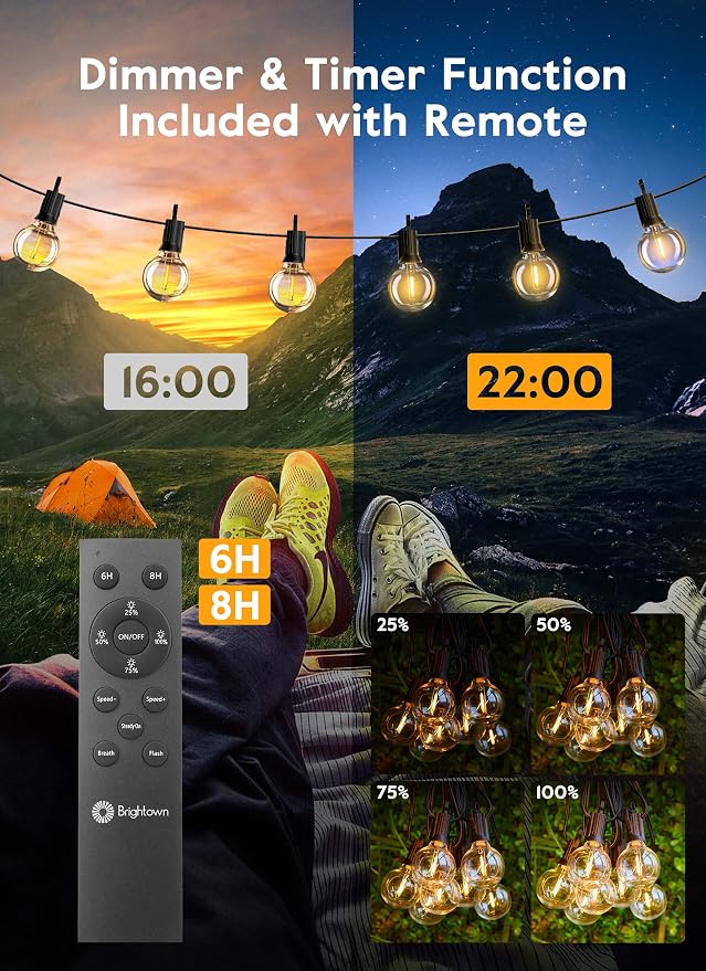 Brightown String Lights Outdoor 38Ft(28+10) with Remote Hooks and Clips, Patio String Lights for Outside with 17 Shatterproof Bulbs(2 Spare), Waterproof Dimmable Hanging Lights for Backyard Party Cafe