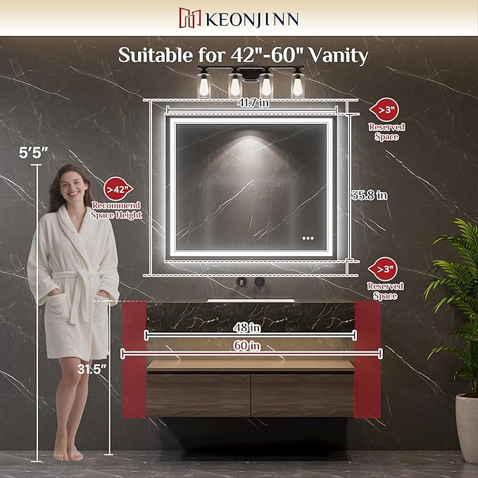 Keonjinn 42 x 36 Inch Lighted Mirrors for Bathroom Wall with Bluetooth Speaker, Frontlit & Backlit LED Bathroom Mirror, Bluetooth Mirror Bathrooms, Tempered Glass, Defogging, 3 Color Lights, Dimmable