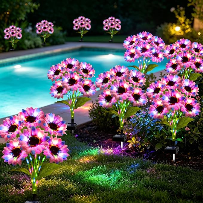 Solar Garden Lights Outdoor, 6 Pack Solar Multicolor Sunflower Lights with 18 Head 3.5 Inch Flowers, Waterproof Flowers Light Fall Decor Auto ON/Off for Garden Yard Patio, Gifts for Mom Women