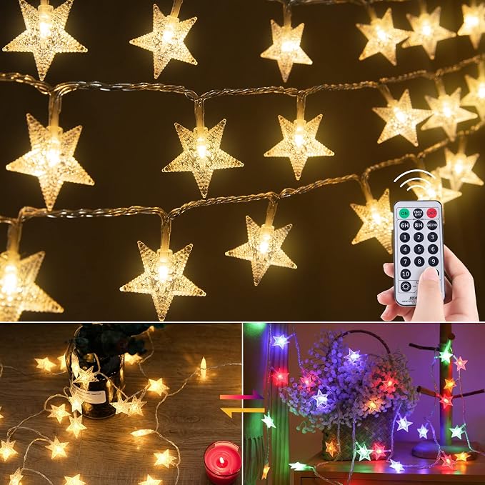 Minetom Star String Lights Plug in - 33 ft 100 LED Star Fairy String Lights with Remote and Timer, Waterproof for Bedroom Tent Loft Bed Shelf Porch Patio Garden Party Décor, Warm White + Multicolor