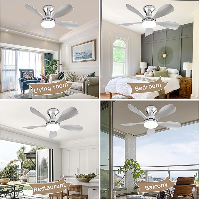 Ceiling Fans with Lights, 33 Inch Low Profile Ceiling Fan with Light and Remote Control, Flush Mount, 3CCT, Dimmable, Noiseless, Reversible, Silver Small Ceiling Fan for Bedroom Indoor/Outdoor Use