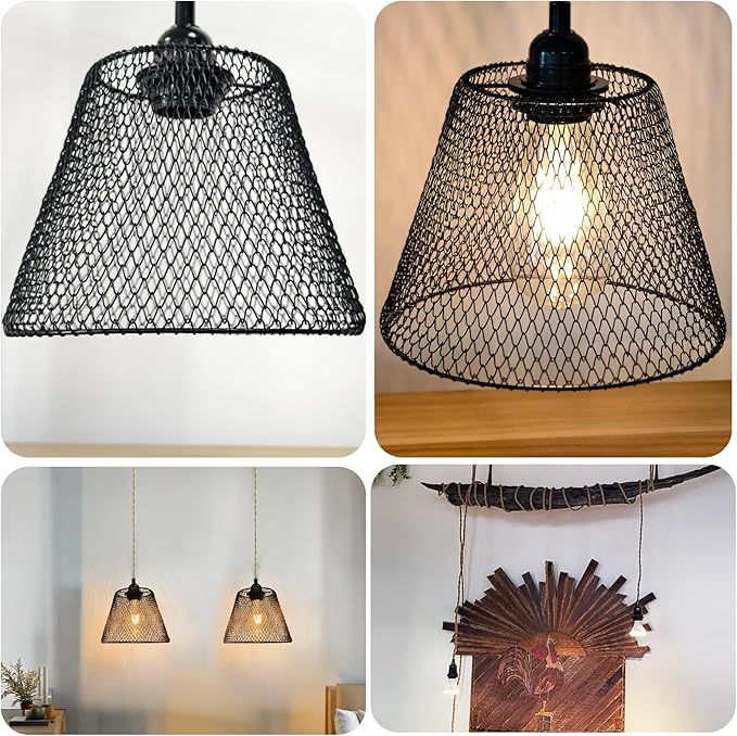 2 Light Plug in Pendant Light Cord, 19.68ft Hemp Rope Cable, Black Metal Cage Lampshade Ø20cm, E26/E27 Socket Vintage Hanging Lights with Plug in Cord for Dining Room Living Room