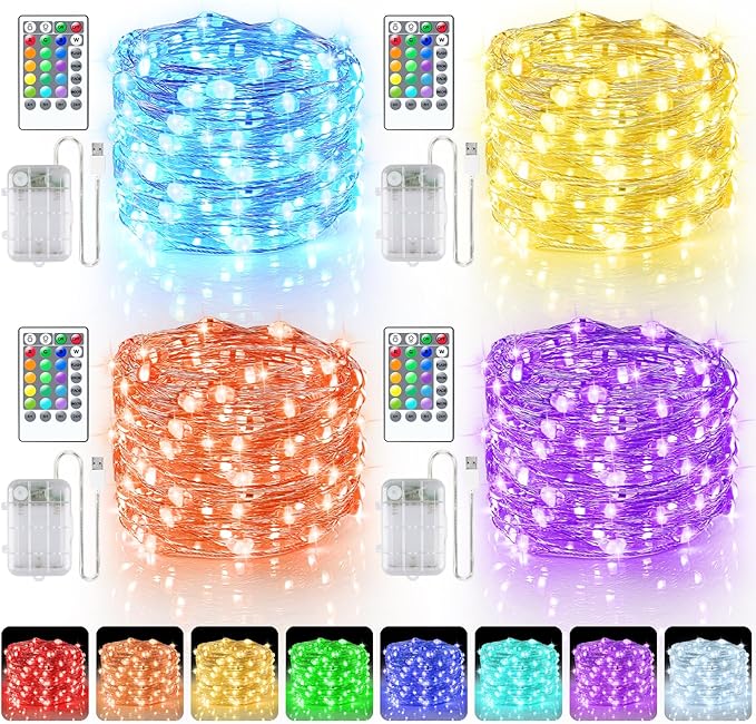 66ft 200LED Fairy Lights Battery Operated, 4 Pack 16.5ft 16 Color Changing String Light with Remote Timer, RGB Waterproof Twinkle Lights for Indoor Outdoor Room Gift Party Christmas Décor