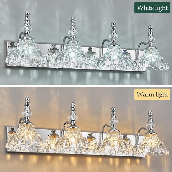 Vintage Bathroom Vanity Light, 4-Light Chrome Vanity Lighting Fixture with Flower Glass Shade, Bathroom Lighting Fixtures Over Mirror