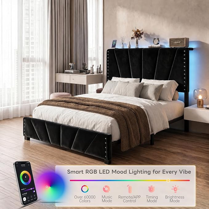 EnHomee Full Bed Frame with Adjustable Headboard,Charger & LED Lights,Black | Adjustable Velvet Headboard，Under-Bed Storage，Heavy Duty Support with 12 Slats，No Box Spring Needed，Easy Assembly for Bedroom
