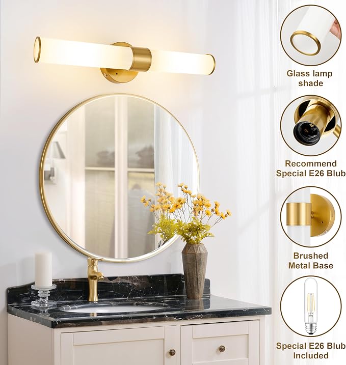 Morauroral Gold Battery Operated Wall Sconces Set of 2, Rechargeable Wall Lights with Remote Control, 20 Inch Modern Wireless Wall Lamp for Bedroom, Living Room (Bulbs Included)