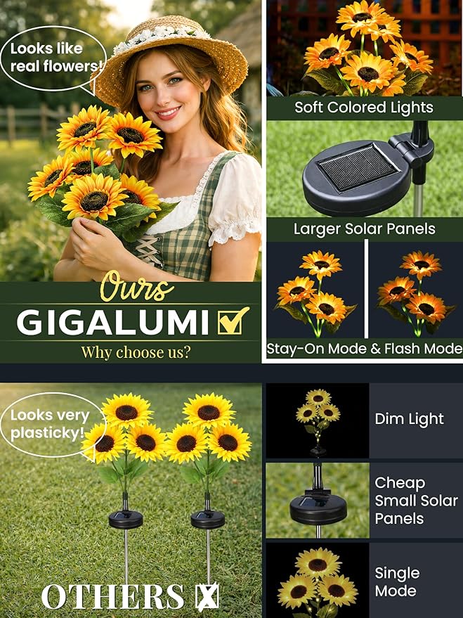 GIGALUMI Solar Sunflower Decor, 2 Pack LED Sunflower Gifts for Women | 3 Lighting Mode, Auto On/Off/Flash, Garden Decor, Waterproof Solar Garden Lightsoutdoor Outdoor Fall Decor for Patio, Yard