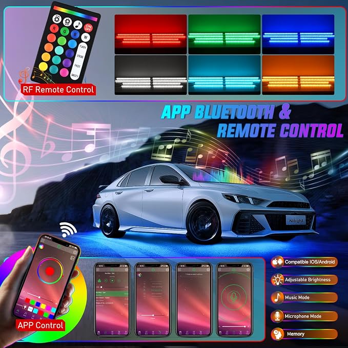 Nilight 8PCS Aluminum RGBW Underglow LED Strip Lights with APP & Remote | 396 LEDs Door Assist Multi Color DIY Sound Active Function Music Mode Underbody Light Strips for Car Truck RV