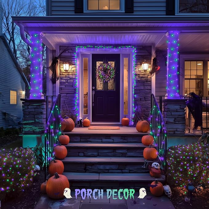JMEXSUSS 2 Pack Purple and Green Halloween Fairy Lights Battery Operated | Total 200 LED 66ft, Remote Control, Waterproof 8 Modes Twinkle Lights for Fireplace Mantel Centerpiece Wreath Halloween Decor