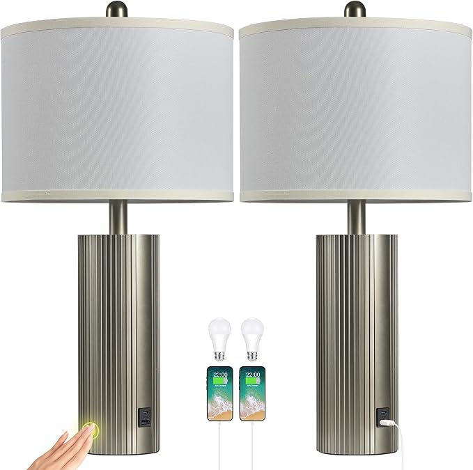 Table Lamps for Living Room Set of 2, 24.5" Modern Table Lamps for Bedroom with USB C+A Ports, Creative Stripe Touch Lamps for Nightstand, 2 Bulbs Included