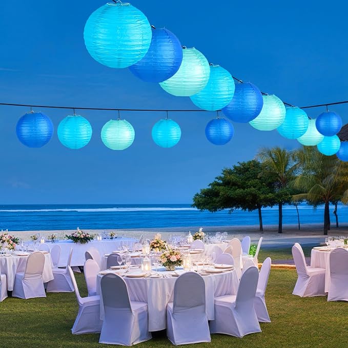 15-Pack Blue Paper Lanterns, Hanging Party Decorations | Dark-to-Light Gradient Shades in 6, 8 & 10 Inch Sizes for Boy Baby Showers, Graduations, Men's Birthdays, Ocean Themes