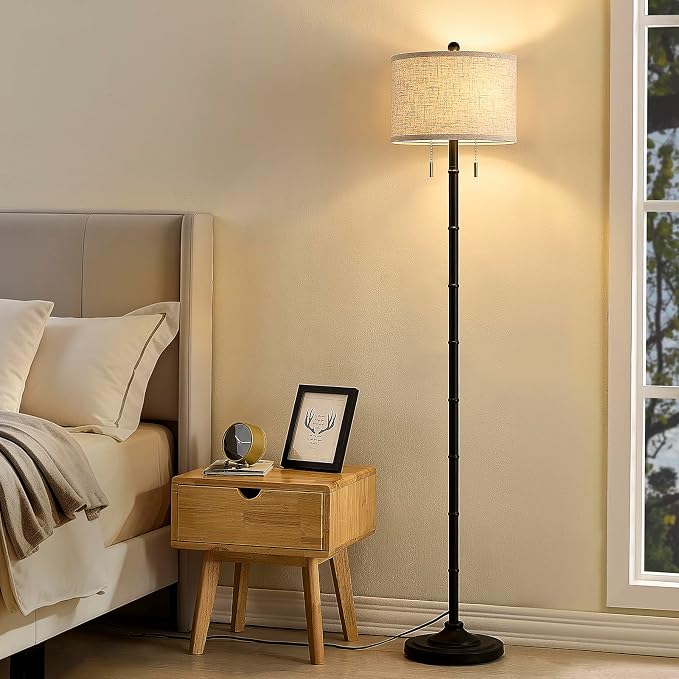 Upgraded 2-Light Mid Century Modern Black Floor Lamp for Living Room | 63.5'' Tall Floor Lamp with 3 Color Temp Bulbs, Living Room Lamp with Chain Switch, Standing Lamp for Bedroom, Office, Corner