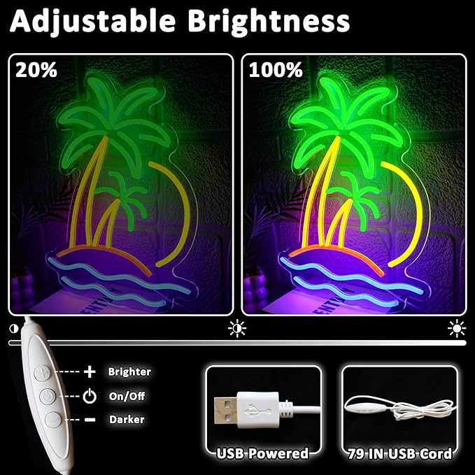 Coconut Tree Neon Sign for Wall Decor Dimmable Beach Sunset Led Sign for Bedroom Tropical Palm Tree Neon Light for Tiki Bar Hawaii Club Summer Beach Party Decoration