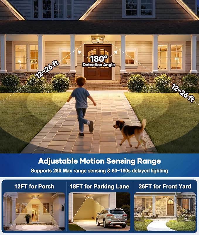 Lynnoland Motion Sensor Outdoor Ceiling Light with Remote, 12.2 Inch Gold Flush Mount Porch Light Fixture with United Glass Cover, 5 Modes Outside Flush Mount Light for Porch, Garage, Patio, Entryway