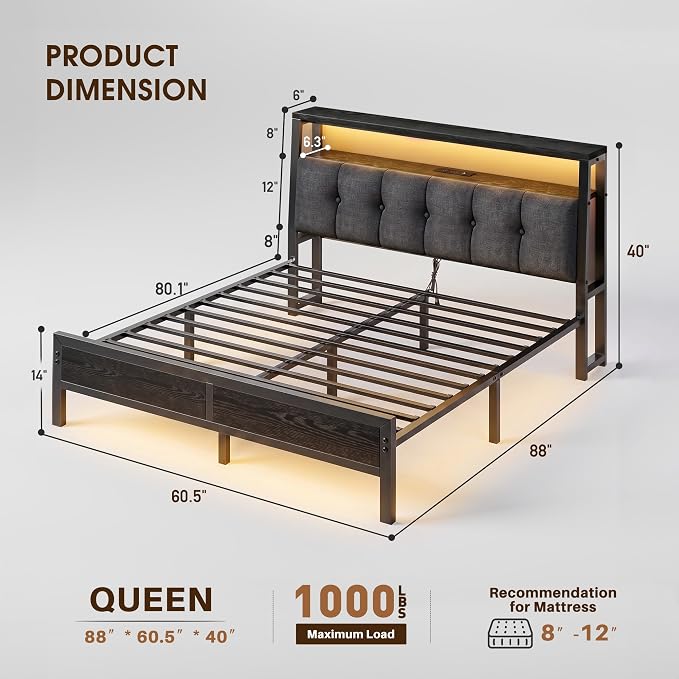 Homkdom Queen Bed Frame with Upholstered Headboard & Charging Station | 2 Outlet & 2 USB, LED Lights,12" Under-Bed Storage Noise-Free,No Box Spring Needed,Easy Assembly, Black