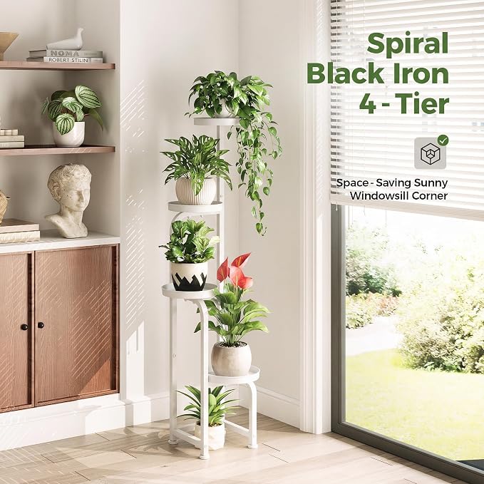 Bamworld Corner Plant Stand Indoor Outdoor Tall Metal Flower Pot Stands | 4 Tier White Heavy Duty Plant Shelf for Multiple Plants, Patio Garden Balcony Living Room Bedroom(Patent Design)